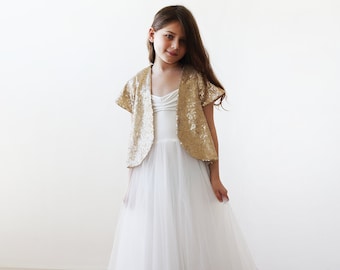 SALE Gold sequin girls short bolero, Flower girls fancy sequin top #5022