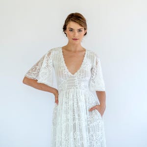 Boho Lace Wedding Dress with Champagne Lining and Pockets | Bell Sleeve Bridal Gown Vintage Dress #1476