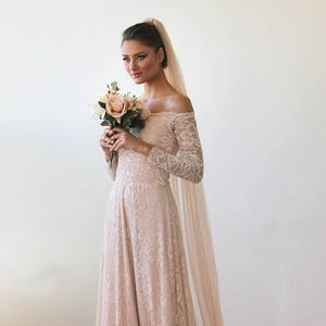 Baby Pink Off-The-Shoulder Dress With Train ,Pastel wedding dress 1148 image 5