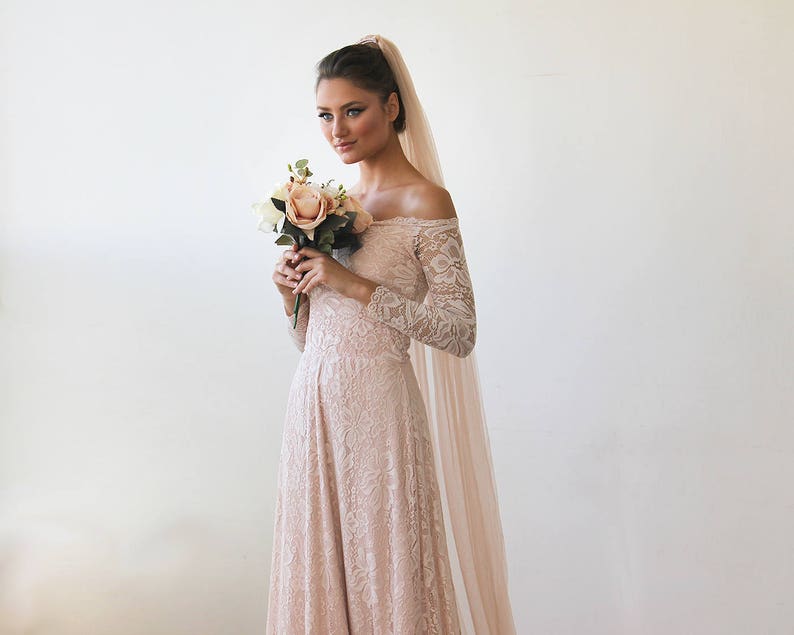 Baby Pink Off-The-Shoulder Dress With Train ,Pastel wedding dress 1148 image 5