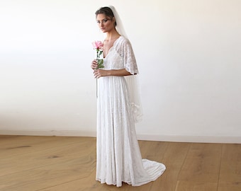 Floral Lace Ivory Sheer Dress With Train #1165