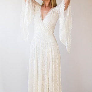 Angel Sleeves, Gipsy layered Bohemian Dress, Maxi lace wedding dress with a slit, Vintage style1406 image 7