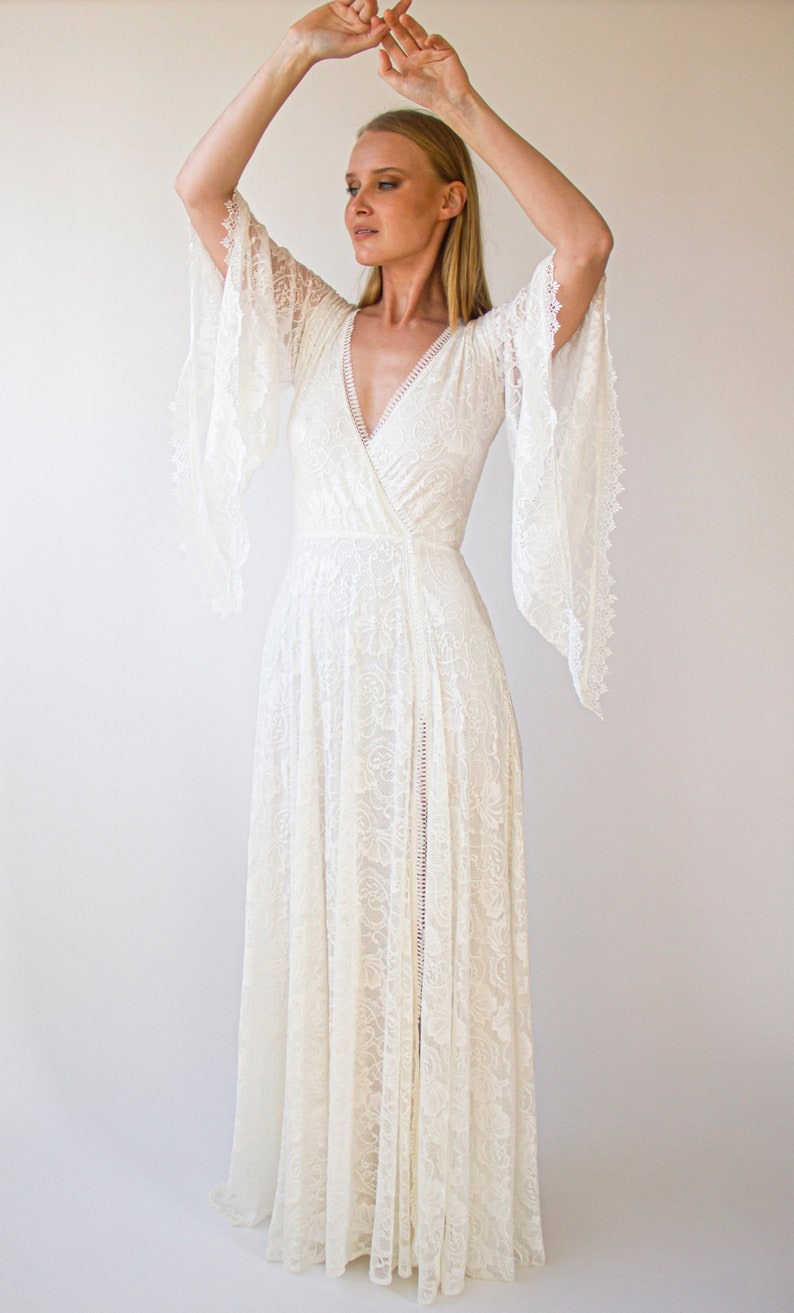 Angel Sleeves, Gipsy layered Bohemian Dress, Maxi lace wedding dress with a slit, Vintage style1406 image 3