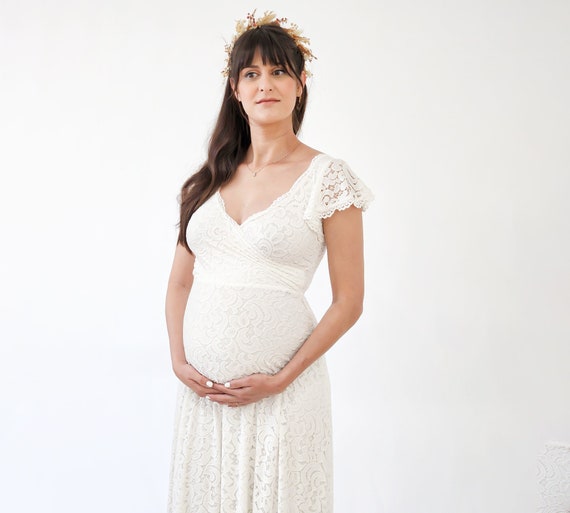 Ivory Lace Maternity Wedding Dress: Boho Flutter Sleeve Gown