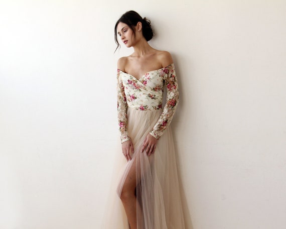 Off-shoulder Floral and Champagne Tulle Dress With A Slit 1176