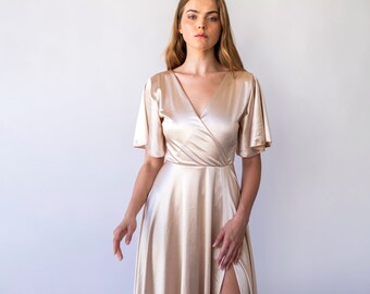 sachin and babi light blue dress Satin Champagne Maxi Dress: Wrap V-Neck, Flutter Lace Sleeves