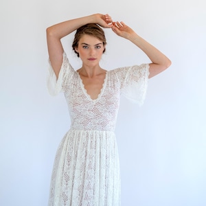 Leaf Lace Wedding Dress: Blush Lining, Boho Bell Sleeves