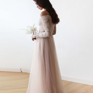 Bridesmaids Blush Off-The-Shoulder Lace & Tulle gown ,Pastel wedding dress 1134 image 4