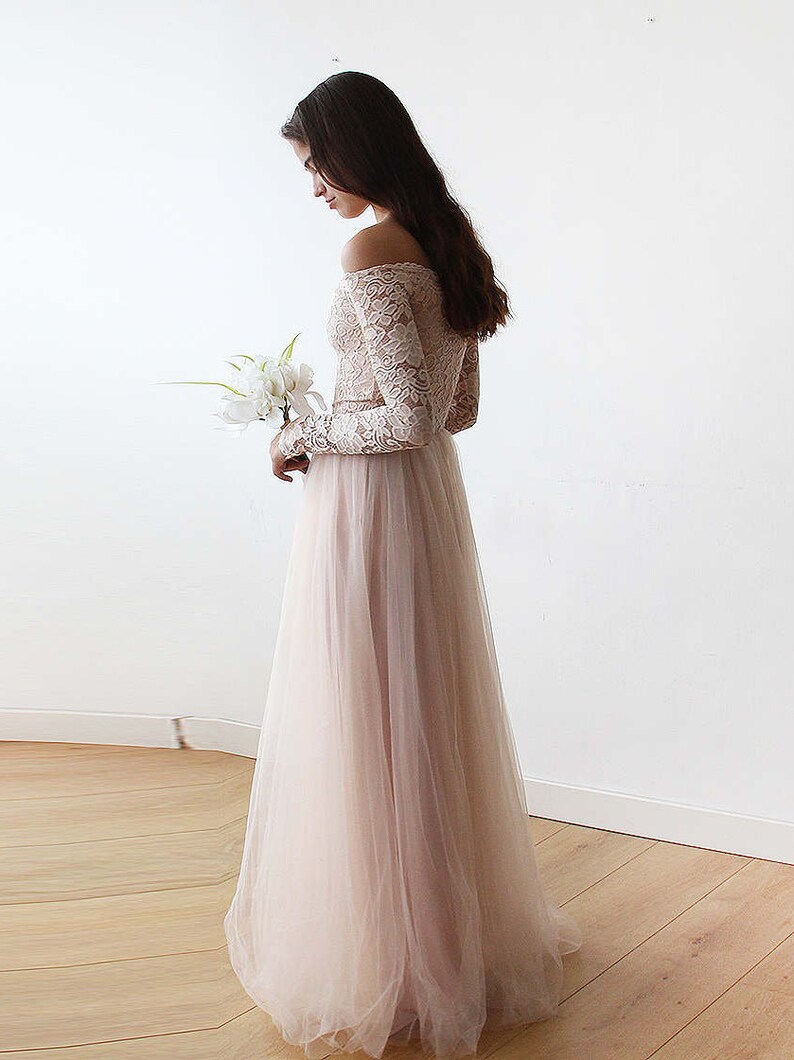 Bridesmaids Blush Off-The-Shoulder Lace & Tulle gown ,Pastel wedding dress 1134 画像 4