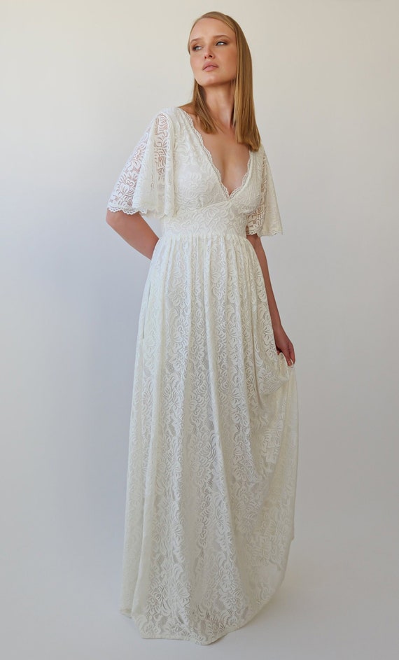 White Maxi Dress - High Slit Dress - Ivory Dress With Butterfly Sleeves