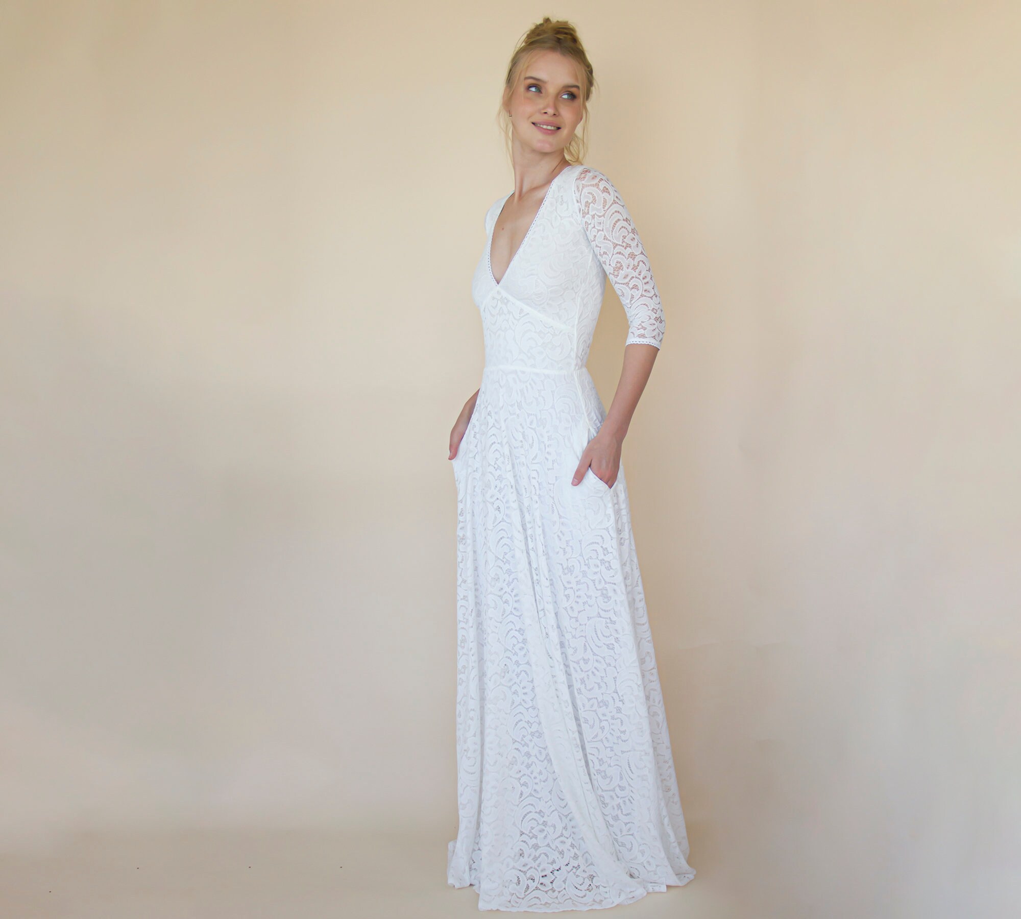 Empire Waist Maxi Dress ,bohemian V-neckline ,ivory Wedding Dress With Bracelet Sleeves #1366 - Etsy Empire Waist Maxi Dress ,bohemian V-neckline ,ivory Wedding Dress With Bracelet Sleeves #1366 - Etsy