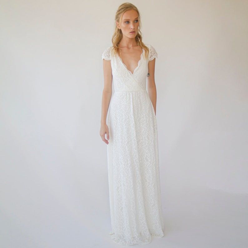 Cap sleeves lace wedding dress Ivory Bohemian wedding dress | Etsy