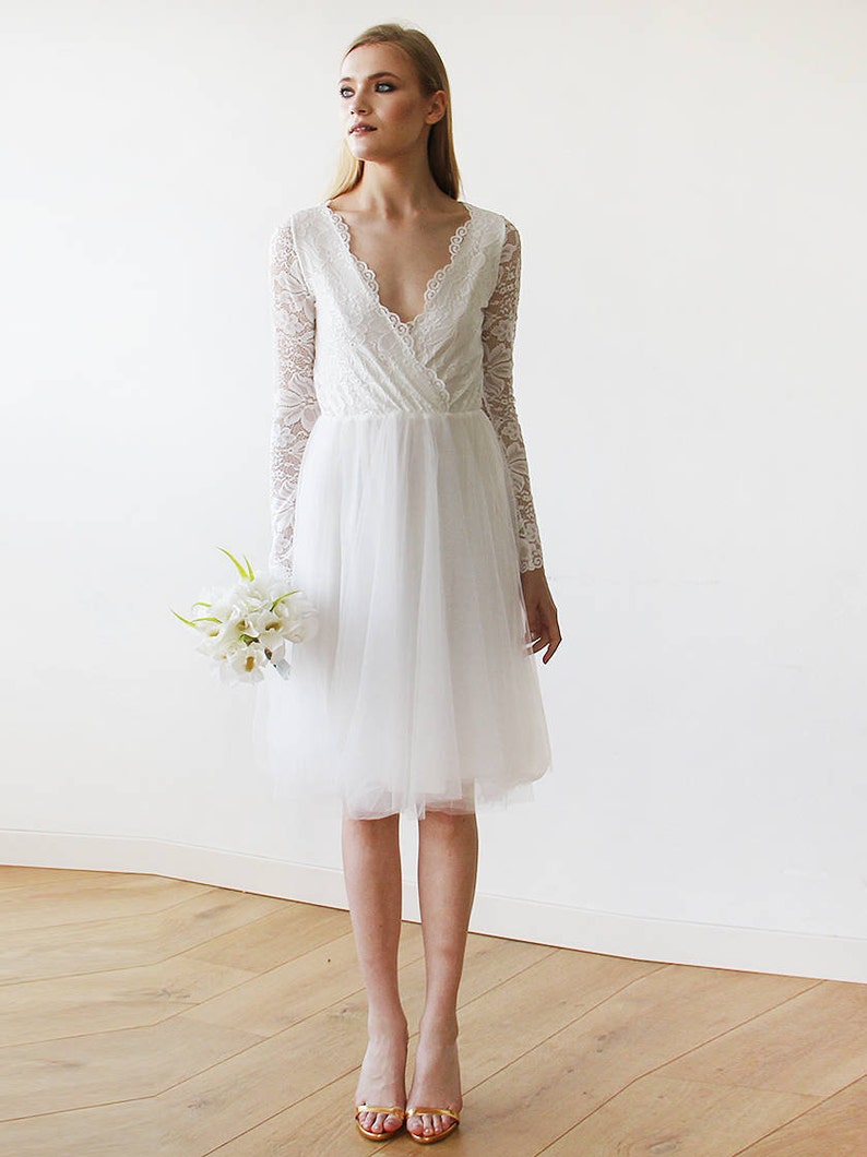 Ivory Tulle /& Lace Midi Long Sleeves Dress 1144