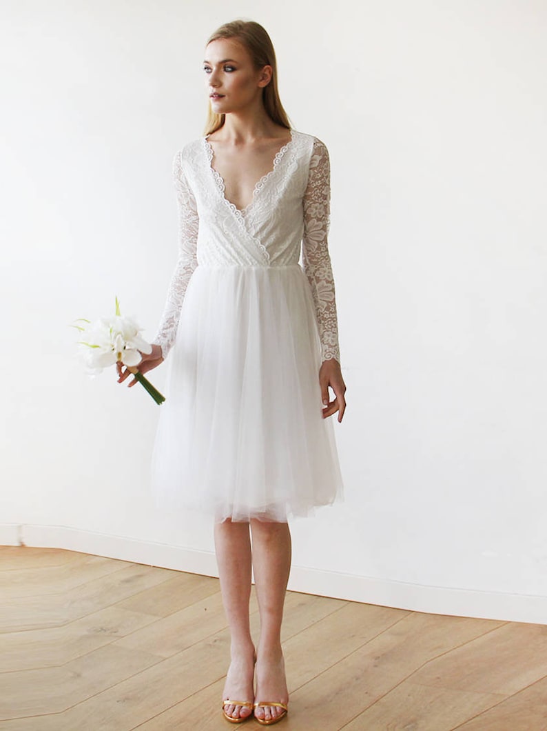 Ivory Tulle /& Lace Midi Long Sleeves Dress 1144
