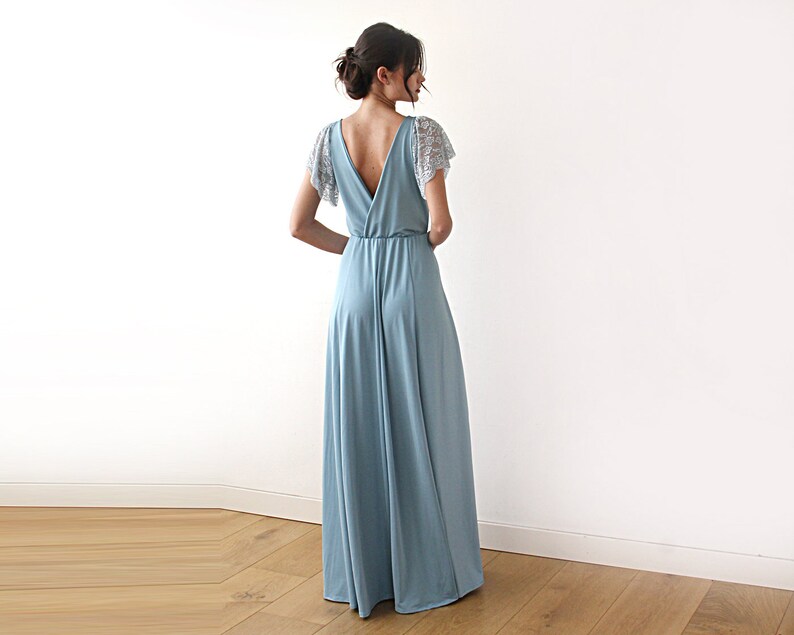Wedding guest dress Short lace sleeves dress 1052 Maxi black gown with slit Black wrap dress with lace sleeves