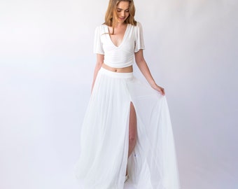 Bridal set with a chiffon skirt with a slit and a romantic crepe knit top with butterfly sleeves, perfect for a beach wedding. #1446