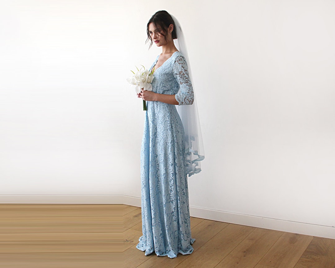 light blue lace dress long sleeve Three Quarters ,pastel Wedding Dress #1124 making Alexandria the quintessential