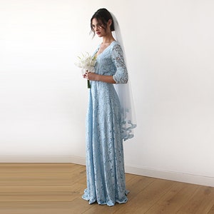 Light Blue Lace three quarters Sleeve Dress ,Pastel wedding dress #1124