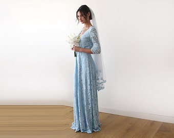 Light Blue Lace three quarters Sleeve Dress ,Pastel wedding dress #1124