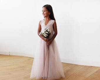 Tulle and lace sleeveless Pink Flower Girls Gown #5046