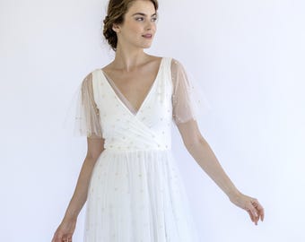 Gold Pearl Tulle Wedding Dress: Boho Short Sleeve Gown