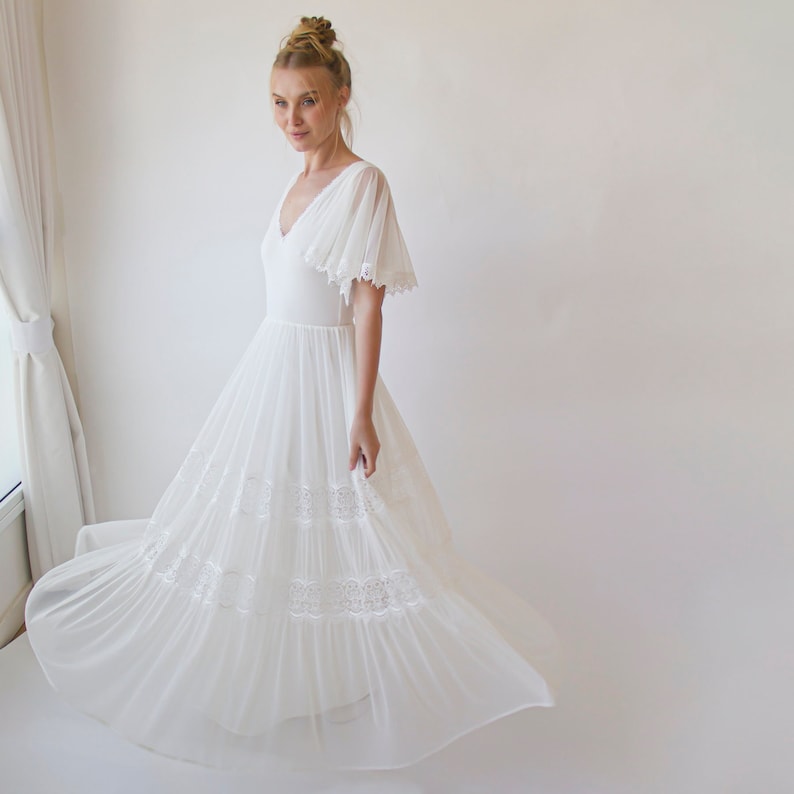 Romantic Chiffon Wedding dress, Vintage Butterfly Sleeves Ivory Wedding Dress 1348 image 1
