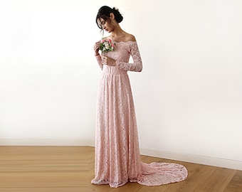Pink Wedding Dress, Off-the-shoulder Wedding Dress, Floral Lace Wedding Dress, Long Sleeve Wedding Dress, Train Wedding Dress 1148