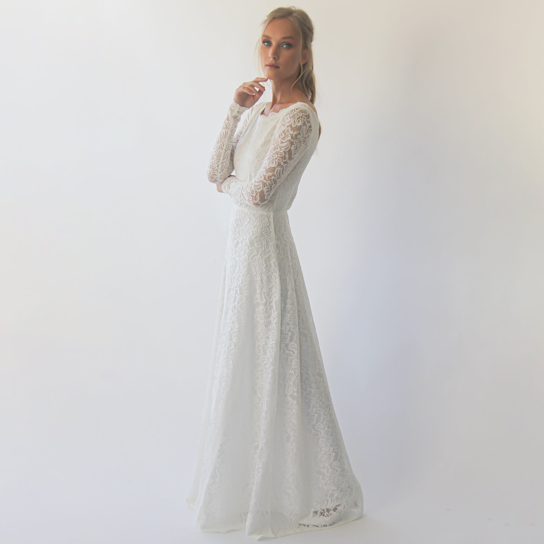 Ivory Long Sleeves Boat Neckline Modest Wedding Dress With Etsy UK