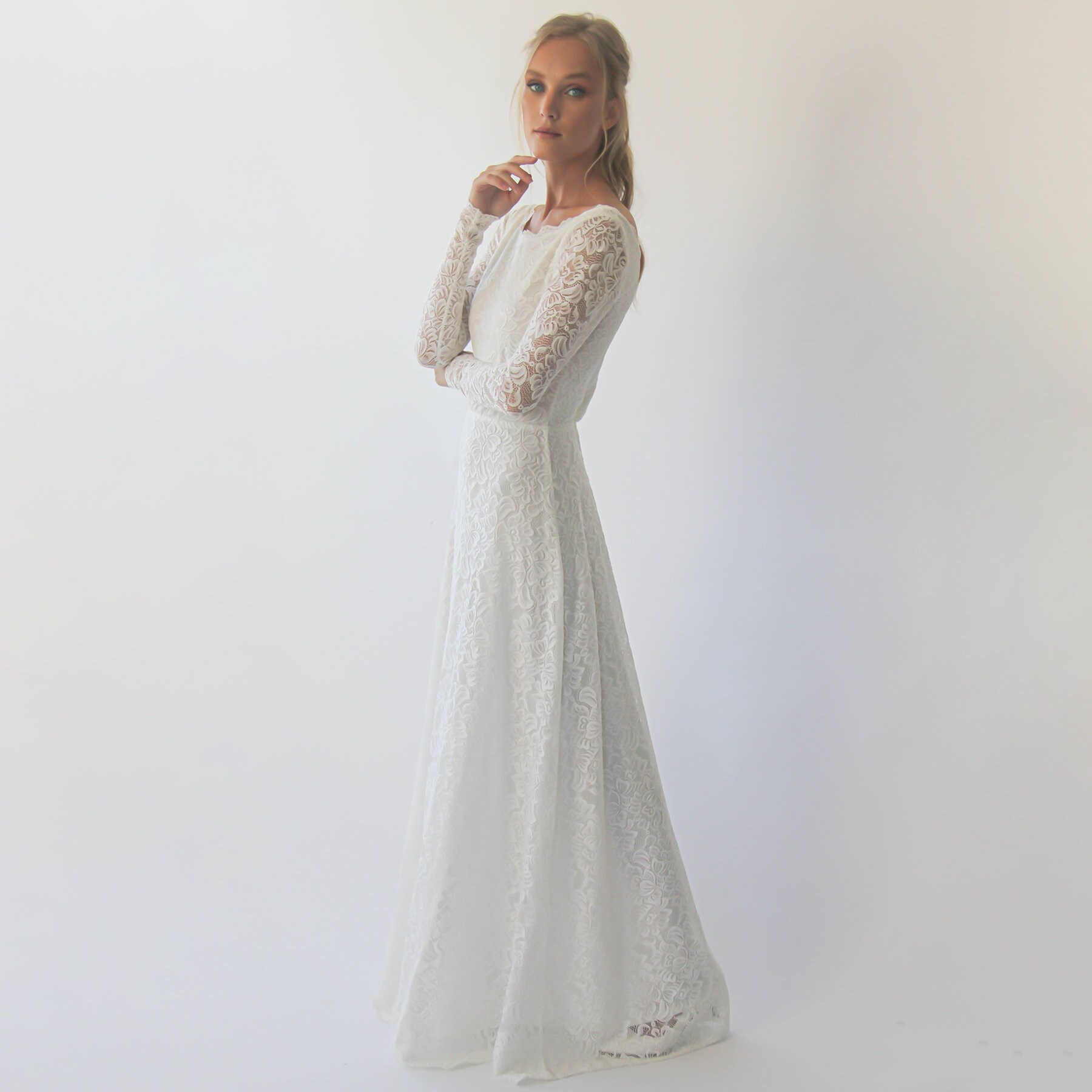 Ivory Long Sleeves Boat Neckline Modest Wedding Dress With - Etsy UK