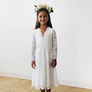 Ivory lace long sleeves Flower Girls Short Dress #5045