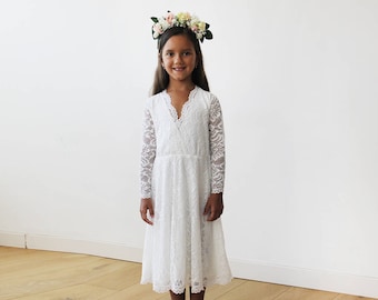 Ivory lace long sleeves Flower Girls Short Dress #5045