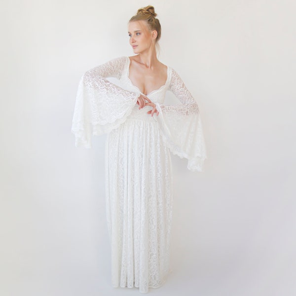 Bohemian Ivory sweetheart wedding dress  with bell sleeves  1362