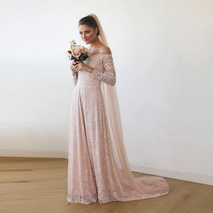 Baby Pink Off-The-Shoulder Dress With Train ,Pastel wedding dress 1148 image 4