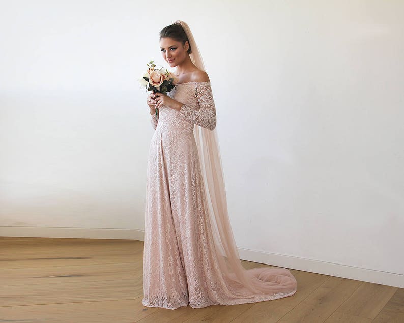 Baby Pink Off-The-Shoulder Dress With Train ,Pastel wedding dress 1148 image 4