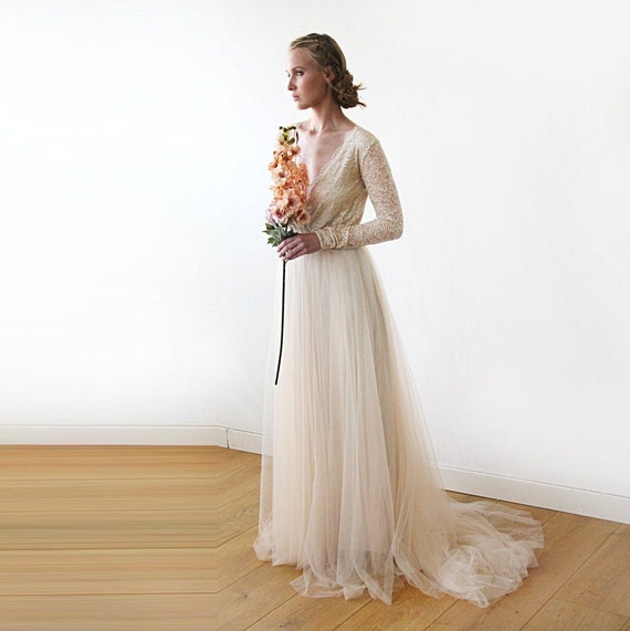 Champagne Tulle & Lace Wrap Train Dress #1164