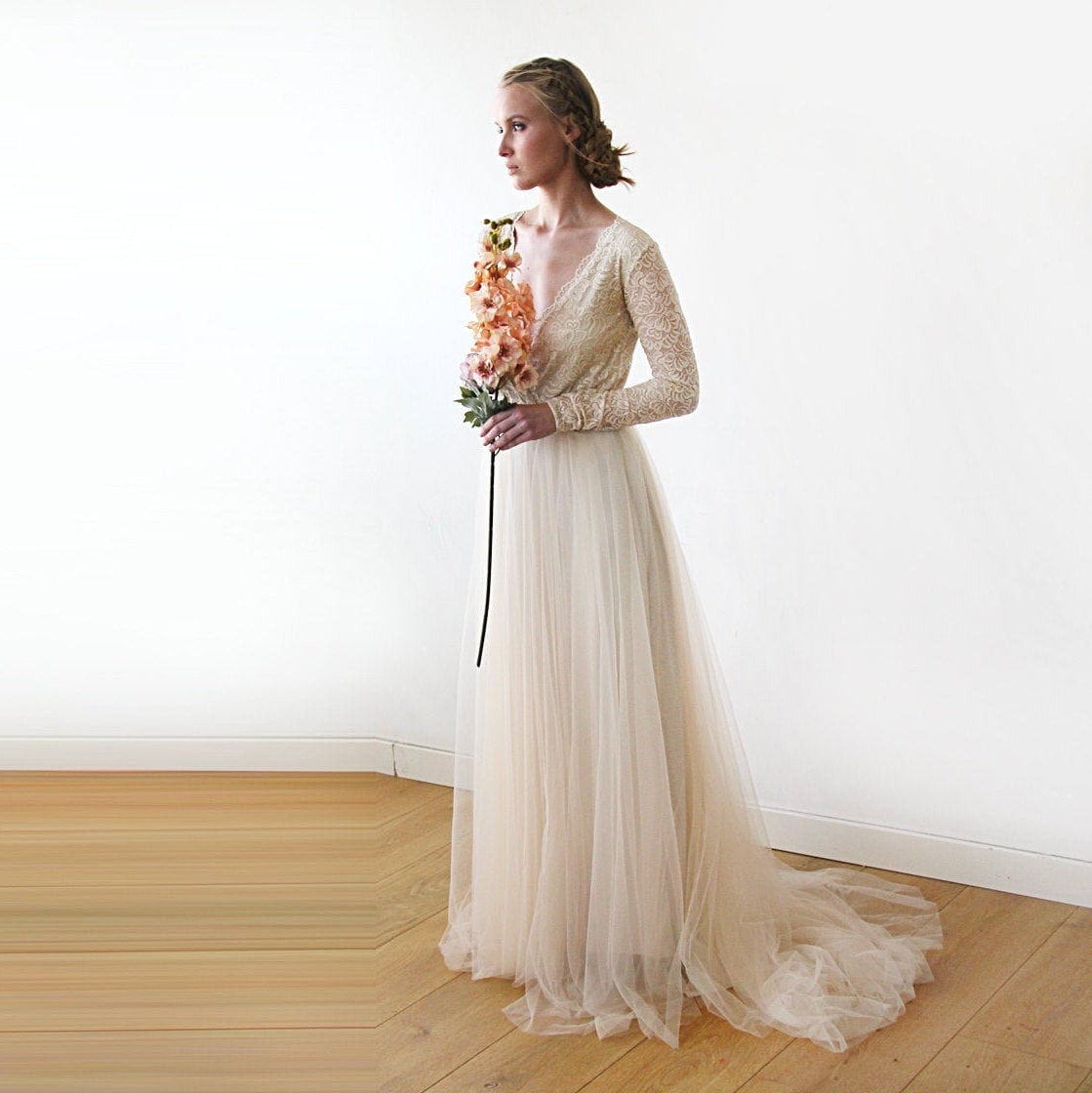 Champagne Tulle \u0026 Lace Wrap Train Dress 
