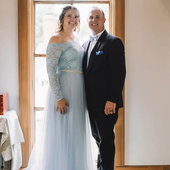 light blue couple dress Beaded Lace Appliques Slate Blue Slit A-Line Prom Dress