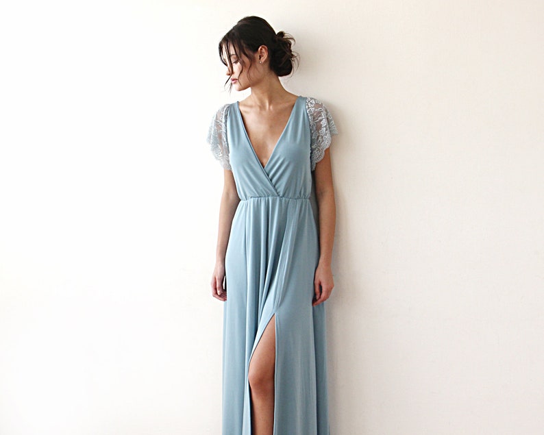 Wedding guest dress Short lace sleeves dress 1052 Maxi black gown with slit Black wrap dress with lace sleeves