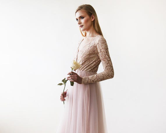 Short Wedding Dress , Blush Pink Tulle & Lace Midi Long Sleeves Dress  ,pastel Wedding Dress 1144 -  Canada