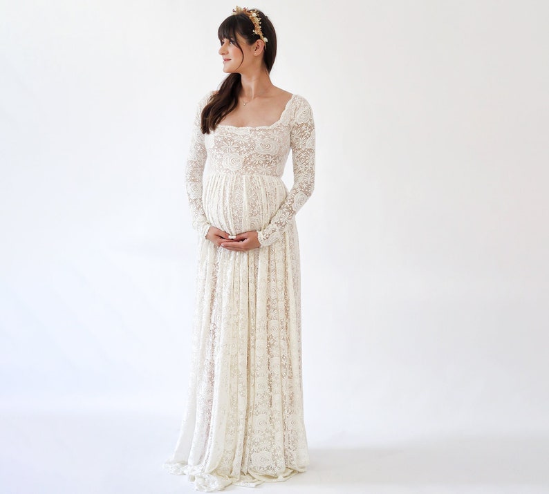 Maternity Vintage Ivory Blush Square Neckline Dress , Maternity dress for photo shoot 7019 image 2