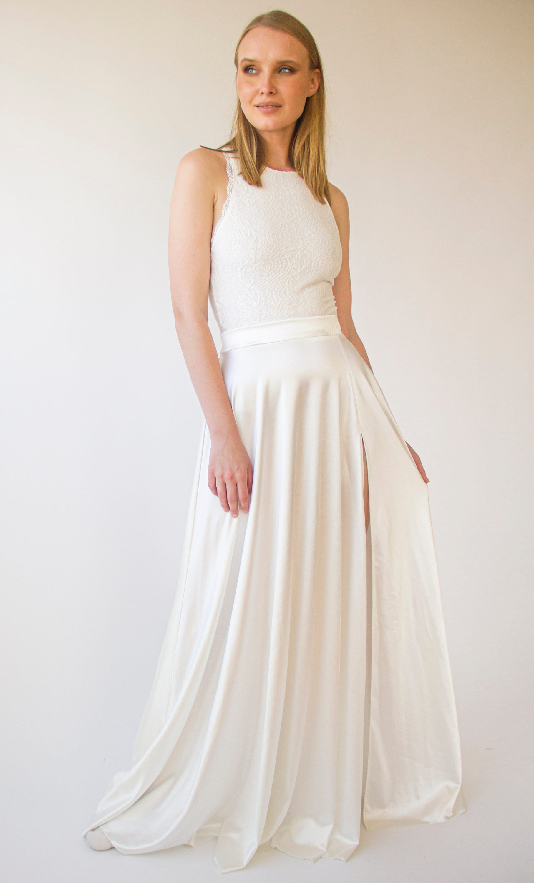 halter top two piece dress Wedding Dress: Lace & Ivory Satin Maxi Skirt Womens Dresses & Jumpsuits