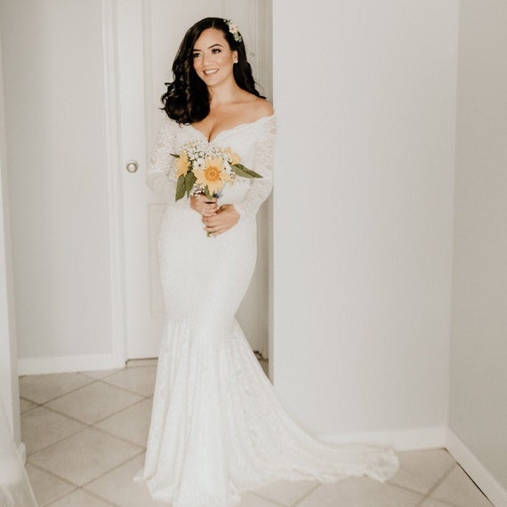 DIDIDD Bride Married Long-Sleeved Shoulder Lace Lace Wedding Dress,White,XS