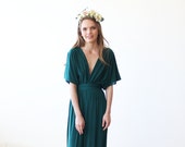 Emerald green maxi bat wings dress, Formal green maxi gown 1002
