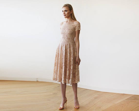 blush midi wedding dress Blush Pink Lace Wedding Dress: Off-The-Shoulder Midi