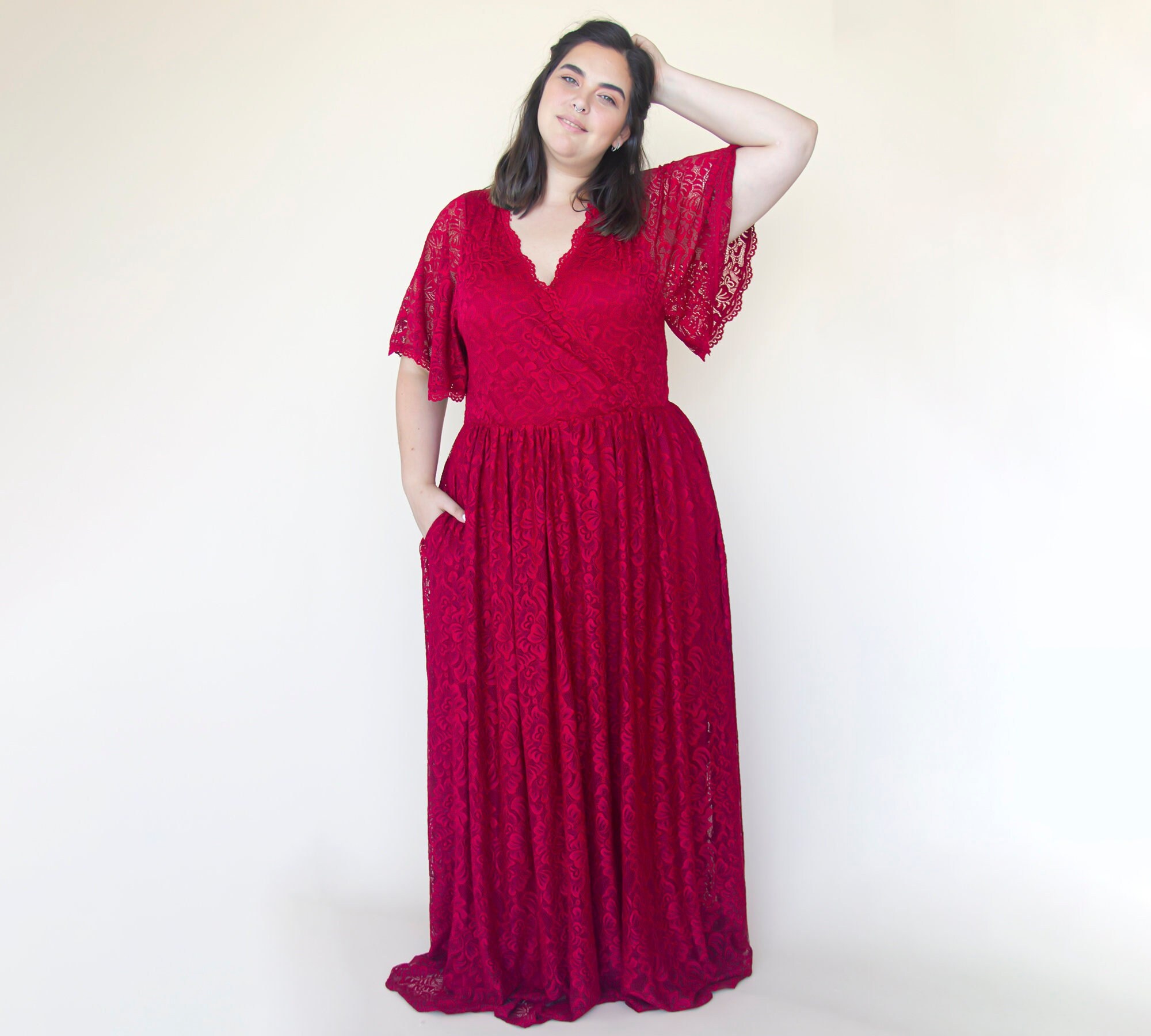 Burgundy color Wrap Flutter Sleeves Dress Lace Maxi Dress with pockets #1331