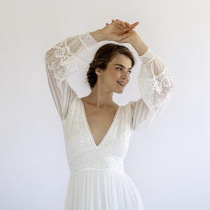 Lace Chiffon Boho Wedding Dress: Deep V-Neck Bishop Sleeves