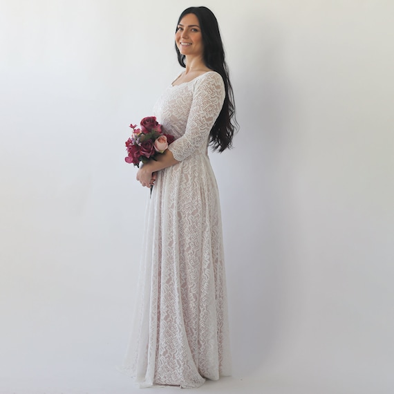 Curve /& Plus size  Off-The-Shoulder Blush Pink Floral Lace Long Sleeve Maxi Dress 1119