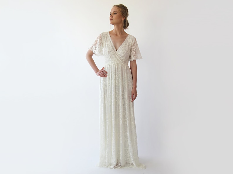 Ivory Detachable Long Sleeves Butterflies Boho Wedding Dress