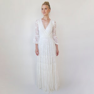 Boho Bestseller Gipsy layered Boho Skirt, Maxi lace wedding dress, Wrap neckline, Puffy bracelet sleeves 1365 image 6