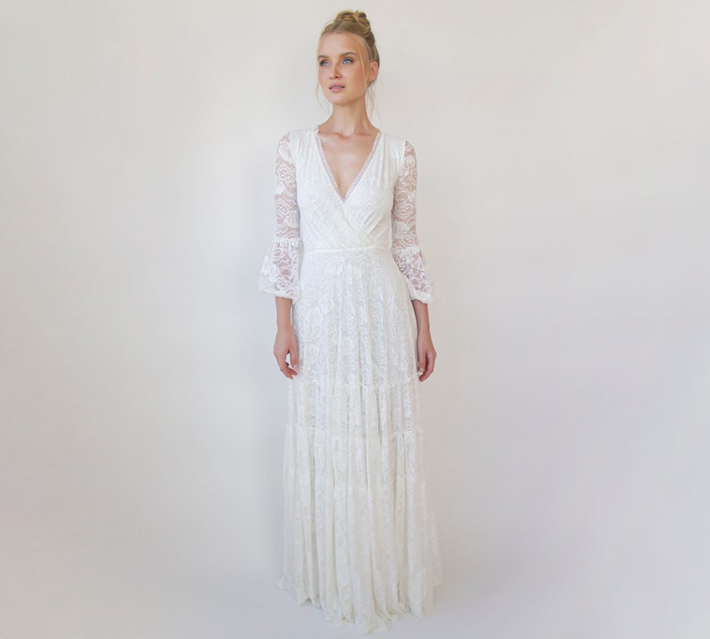 Boho Bestseller Gipsy layered Boho Skirt, Maxi lace wedding dress, Wrap neckline, Puffy bracelet sleeves 1365 image 6